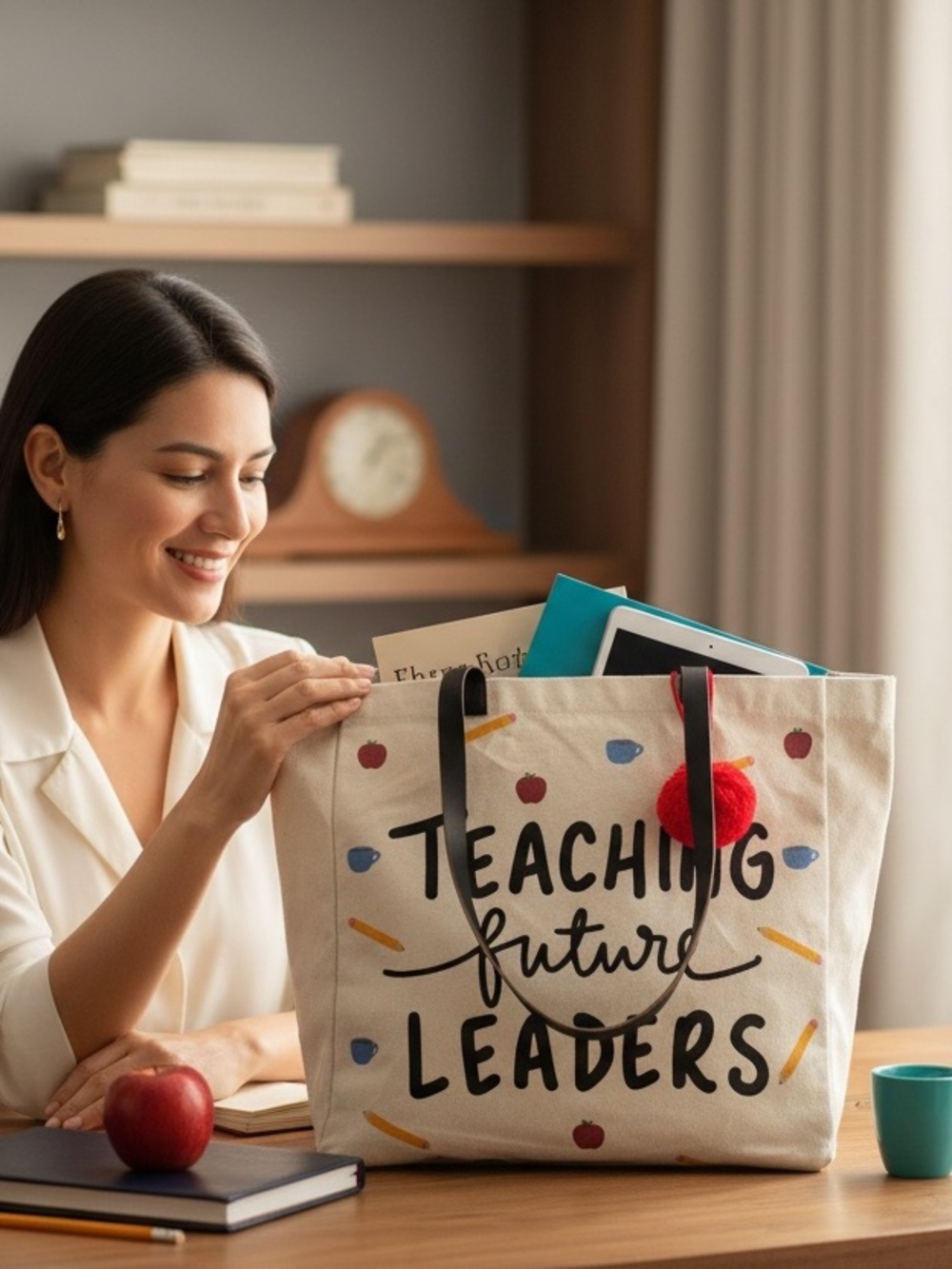 Canvas Tote Bag - Teaching Future Leaders - Cream with Black Straps